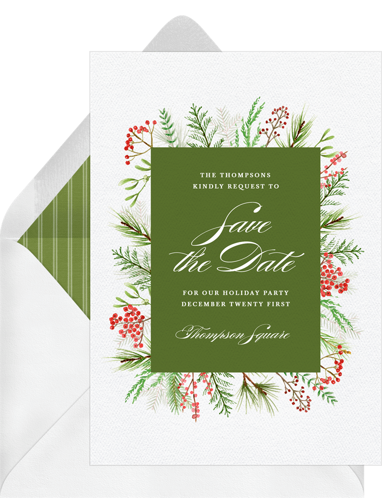 Winter Greenery Frame Save The Dates In Holiday Party Greenvelope Com