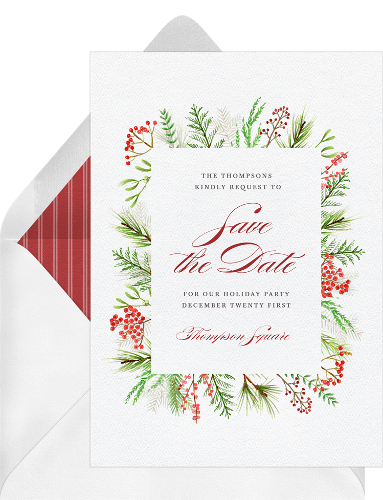 Winter Greenery Frame Save The Dates In White Greenvelope Com